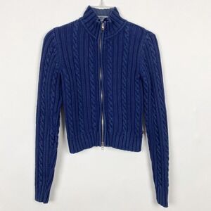 Vintage Hollister Cable Knit Full Zip Mock Neck Cropped Sweater Women S Blue Y2K